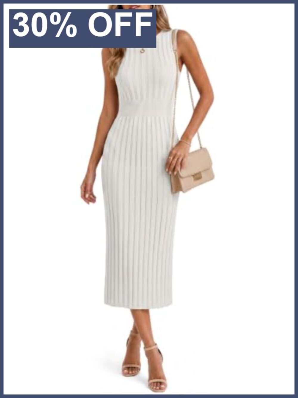 Ribbed Knit Sleeveless Bodycon Midi Sweater Dress Crew Neck